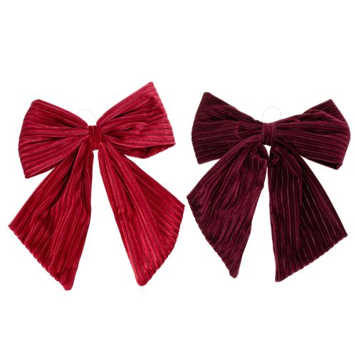 Set de 2 noeuds en velours rouge et bordeaux 24 cm pour décoration intérieure de Noël | Floristik24.fr