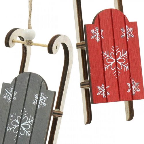 Floristik24 Luge en bois, décoration hiver à accrocher, décoration pour l&#39;Avent gris/rouge L13cm 6pcs
