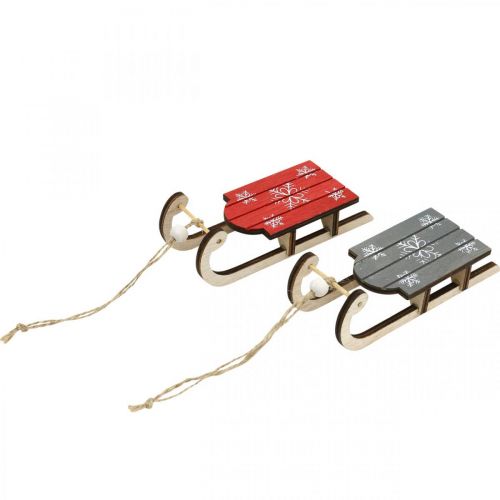 Floristik24 Luge en bois, décoration hiver à accrocher, décoration pour l&#39;Avent gris/rouge L13cm 6pcs
