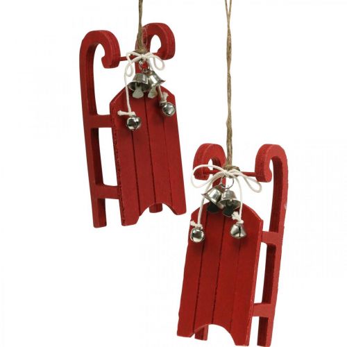 Article Luge déco bois rouge avec cordon grelot L13cm 4pcs