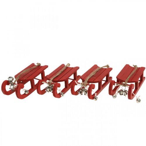 Floristik24 Luge déco bois rouge avec cordon grelot L13cm 4pcs
