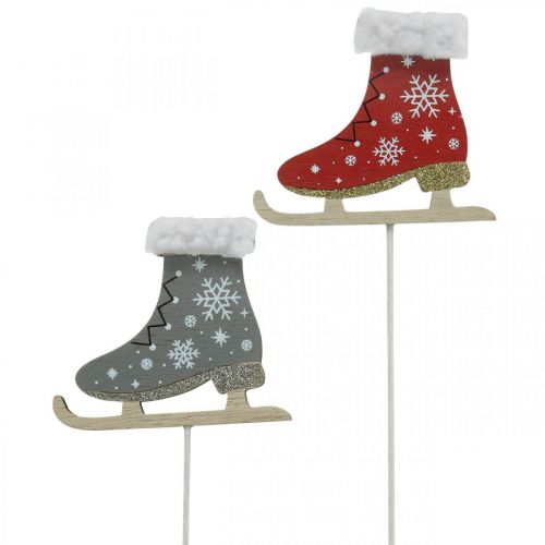 Floristik24 Déco plug patins à glace, décoration de Noël, plug en bois gris, rouge L32cm 8pcs