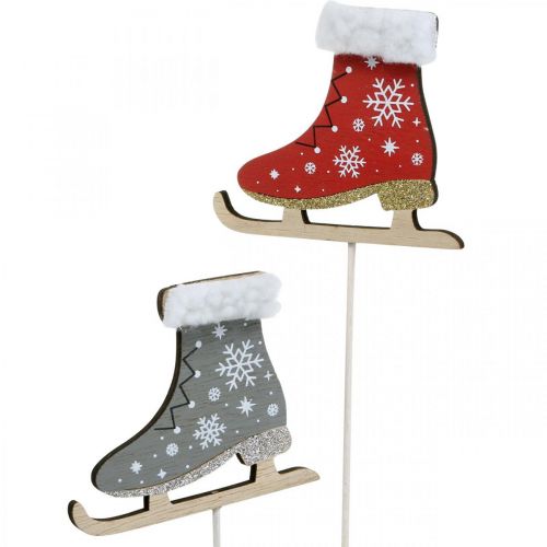 Floristik24 Bouchon décoratif patins à glace, décoration de Noël, bouchons en bois gris, rouge L32cm 8 pièces