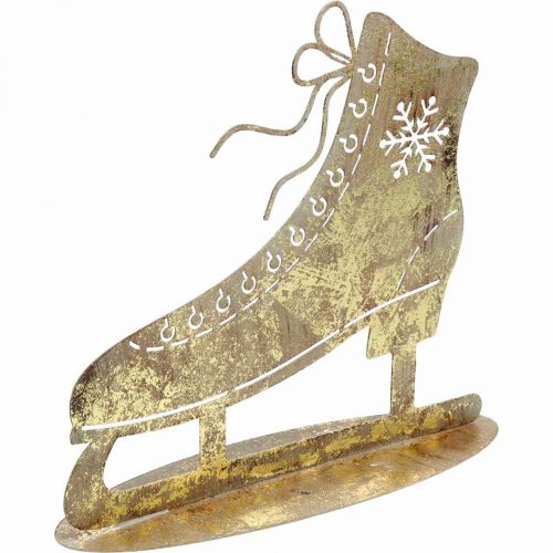Patin à glace en métal, décoration d&#39;hiver, patin à glace décoratif, aspect antique doré de Noël H22.5cm