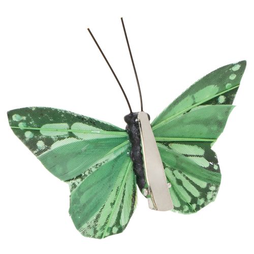 Lot de 12 papillons décoratifs en plumes, vert, 7 cm | Floristik24.fr