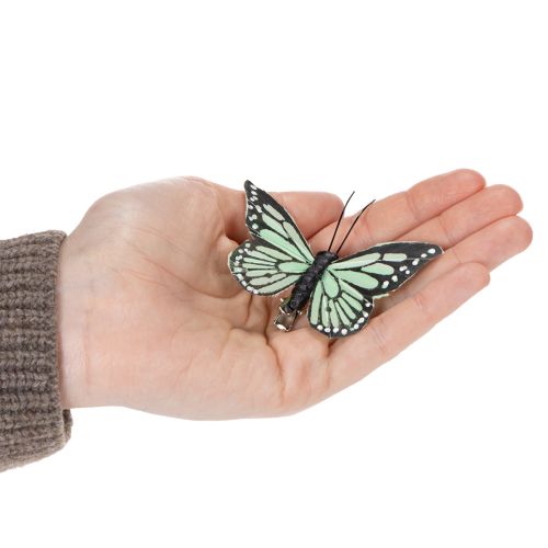 Lot de 12 papillons décoratifs en plumes, vert, 7 cm | Floristik24.fr