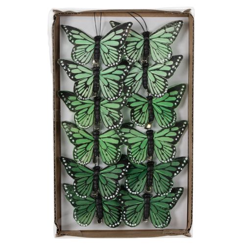 Lot de 12 papillons décoratifs en plumes, vert, 7 cm | Floristik24.fr