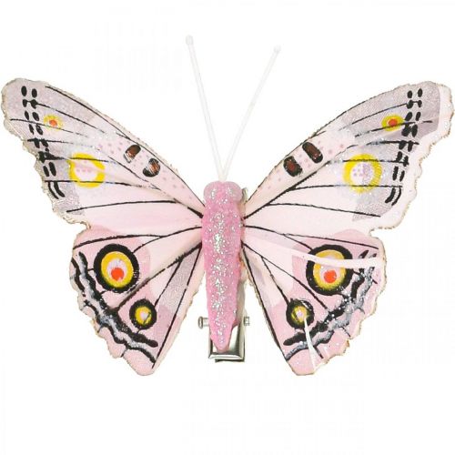 Papillons déco avec pince, papillons en plumes roses 4,5-8cm 10p