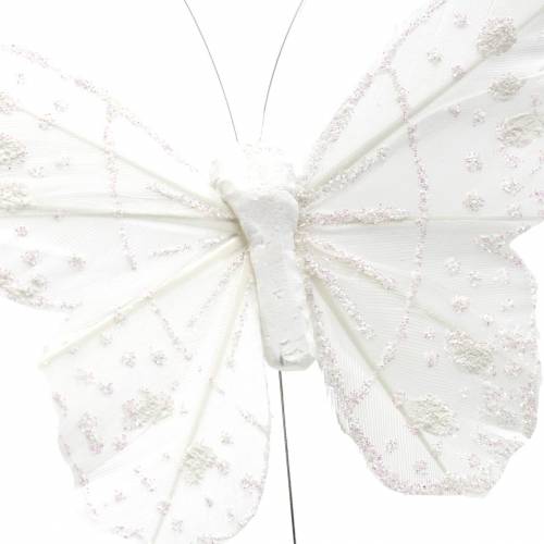 Floristik24 Papillon plume sur fil blanc avec paillettes 10cm 12pcs