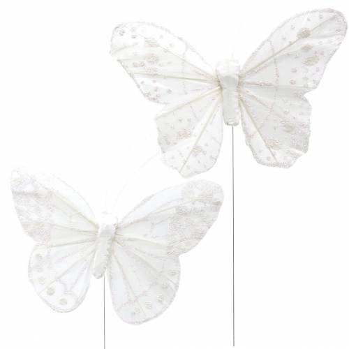 Floristik24 Papillon plume sur fil blanc avec paillettes 10cm 12pcs