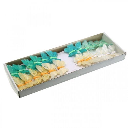Floristik24 Papillon avec paillettes, bouchon décoratif, plume papillon printemps jaune, turquoise, vert 4×6,5cm 24 pcs
