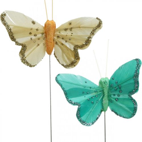 Floristik24 Papillon avec paillettes, bouchon décoratif, plume papillon printemps jaune, turquoise, vert 4×6,5cm 24 pcs