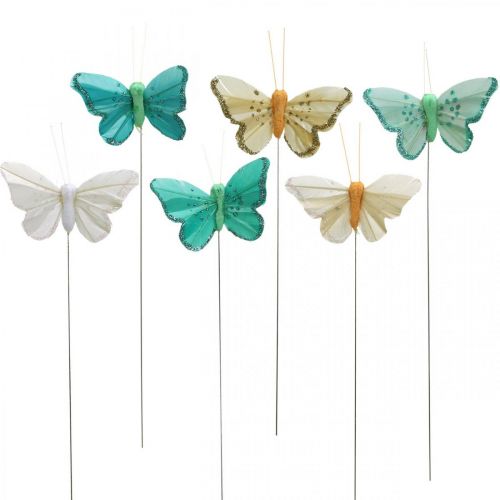Floristik24 Papillon avec paillettes, bouchon décoratif, plume papillon printemps jaune, turquoise, vert 4×6,5cm 24 pcs