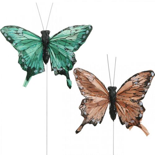 Floristik24 Papillons déco, déco printanière, papillons plumes, bouchons végétaux vert, marron 9.5×12.5cm 12pcs