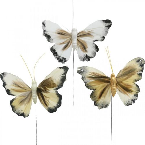 Papillon déco, décoration printanière, mite sur fil marron, jaune, blanc 6×9cm 12pcs