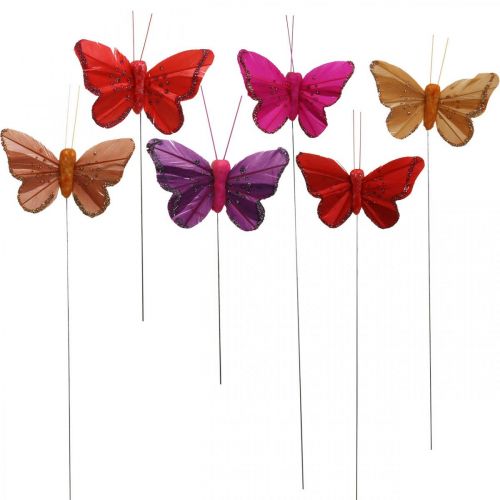 Floristik24 Printemps, papillons en plumes avec mica, papillon décoratif rouge, orange, rose, violet 4×6,5cm 24 pcs