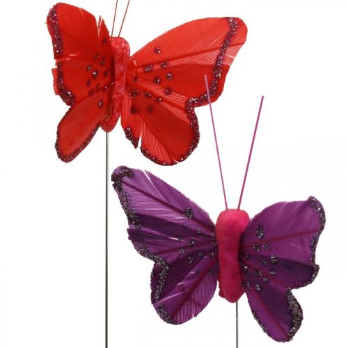 Floristik24 Printemps, papillons en plumes avec mica, papillon décoratif rouge, orange, rose, violet 4×6,5cm 24 pcs