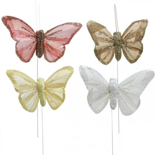 Floristik24 Papillons avec mica, décoration de mariage, bouchons décoratifs, plume papillon jaune, beige, rose, blanc 9.5×12.5cm 12pcs