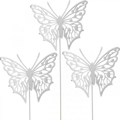 Bouchon fleur papillon, décoration jardin métal, bouchon plante shabby chic blanc, argent L51cm 3pcs