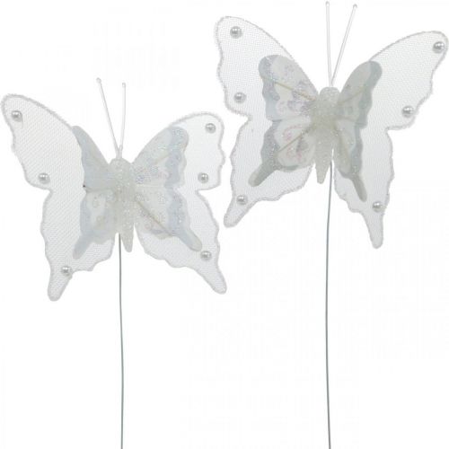 Floristik24 Papillons avec perles et mica, décorations de mariage, papillons en plumes sur fil blanc