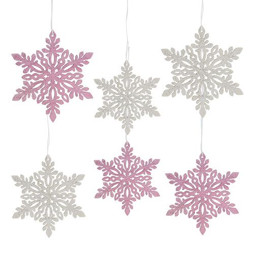 Floristik24 Flocon de neige bois 8-12cm rose/blanc 12pcs.