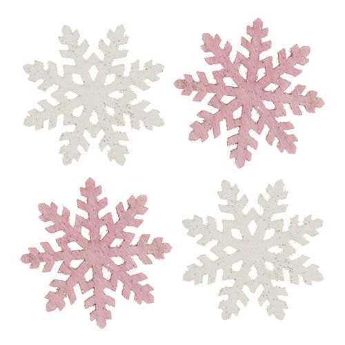 Floristik24 Flocon de neige 4cm rose/blanc avec paillettes 72pcs