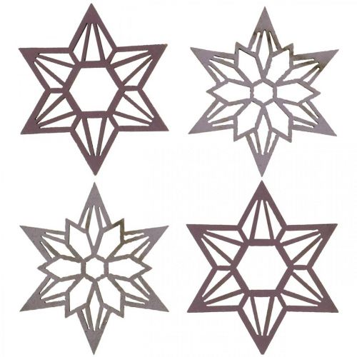 Etoiles déco violettes étoiles en bois flocons de neige autocollant 4cm mix 36pcs