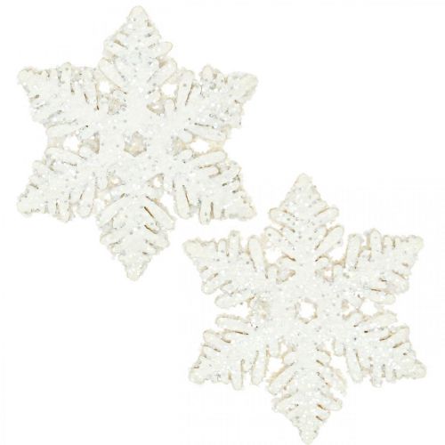 Article Flocons de neige bois 4cm blanc avec mica 72pcs