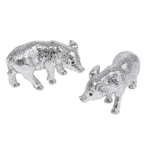 Floristik24 Cochon à paillettes argent 9 cm 6 pièces