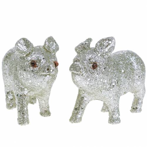 Floristik24 Cochon déco Argent avec paillettes 10cm 8pcs