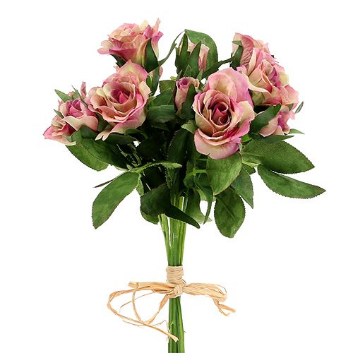 Tissu en soie fleurs bouquet de roses L26cm rose foncé 3pcs | Floristik24.fr