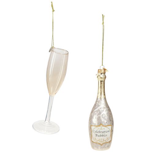 Article Bouteille et verre de champagne, décorations de sapin, anniversaire, décorations en verre à accrocher, set de 2 verres véritables réveillon du nouvel an H14.5cm