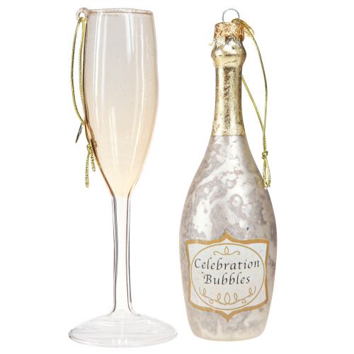 Article Bouteille et verre de champagne, décorations de sapin, anniversaire, décorations en verre à accrocher, set de 2 verres véritables réveillon du nouvel an H14.5cm