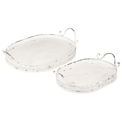 Plateau ovale Shabby Chic avec poignées blanc 36/45cm lot de 2 pièces