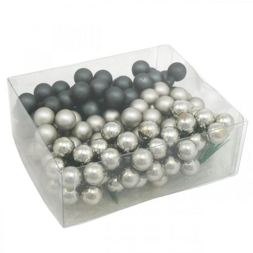 Article Mini boules de Noël anthracite, baies miroir argent Ø20mm 140 pièces