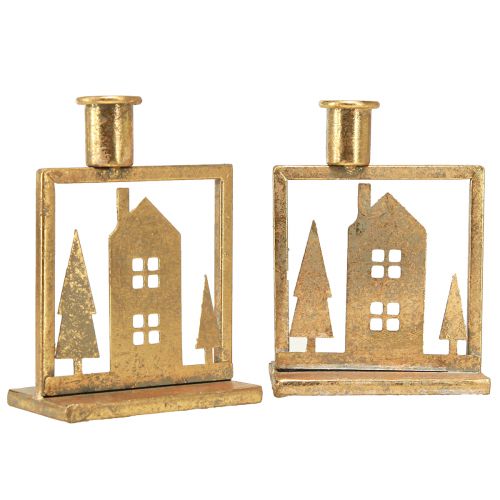 Floristik24 Bougeoir bâton Maison de Noël aspect or antique 10×6×14cm 2pcs
