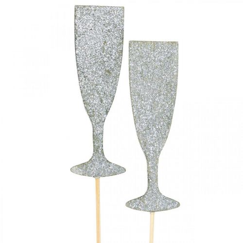 Article Verre à champagne décoration Nouvel An bouchon fleur argent 9cm 18pcs