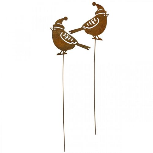 Article Oiseau sur piquet de jardin avec décoration patinée chapeau 12cm 6 pcs