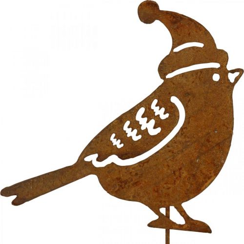 Article Oiseau sur piquet de jardin avec décoration patinée chapeau 12cm 6 pcs