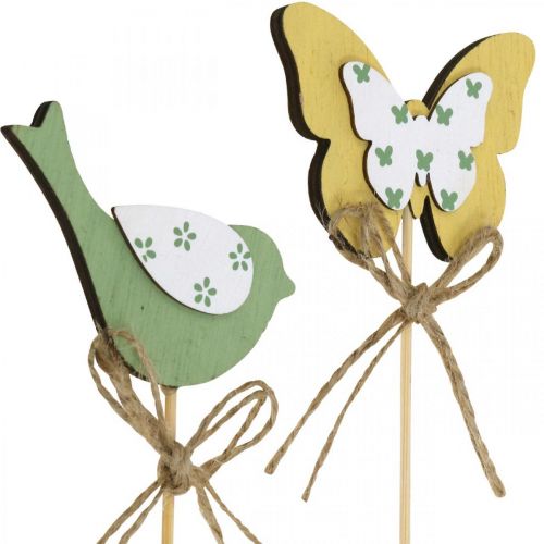 Article Plug oiseau papillon, décoration bois, plug végétal décoration printemps vert, jaune L24/25cm 12pcs