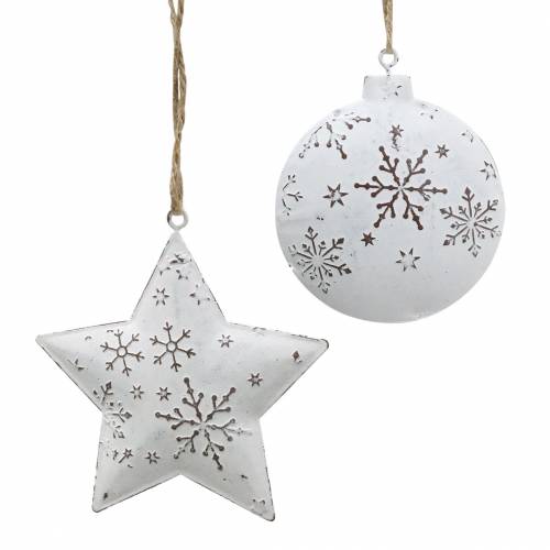 Floristik24 Cintre décoratif étoile et boule de sapin de Noël avec flocons de neige métal blanc Ø9,5 / 7,6cm H10 / 9,2cm 4pcs