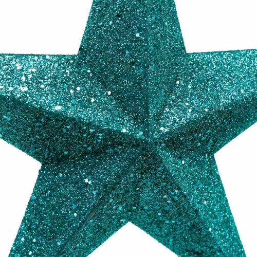 Floristik24 Étoiles pailletées à accrocher émeraude / pétrole Ø21cm 2pcs