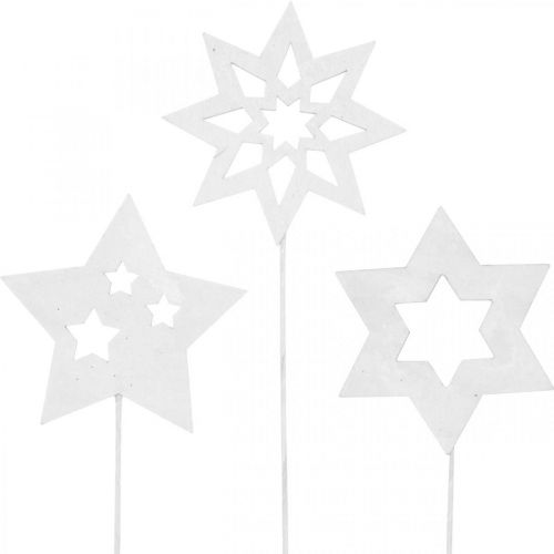 Floristik24 Bouchon de fleur étoiles, Avent, décoration florale, étoiles en bois naturel, blanc, paillettes dorées L27/28,5cm 18 pièces