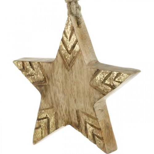 Article Etoile bois de manguier nature, décorations sapin de Noël doré 12cm 4pcs