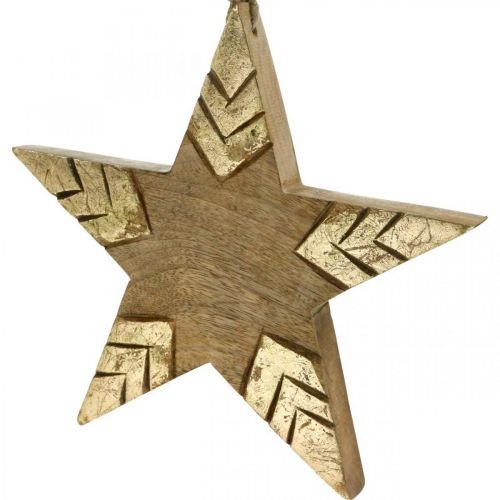 Article Etoile en bois de manguier naturel, étoile en bois doré grande à suspendre 25cm 2pcs
