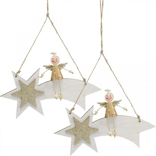Article Ange sur étoile filante, Décoration de Noël à accrocher, Blanc de l&#39;Avent, Doré H13cm L21.5cm 2pcs