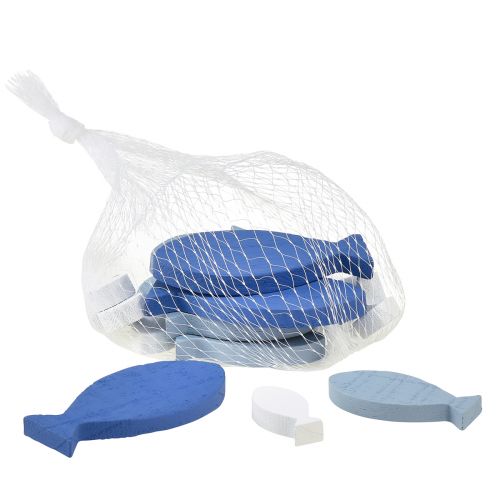 Article Décoration à disperser décoration en bois poisson bleu blanc maritime 3–8cm 24 pcs