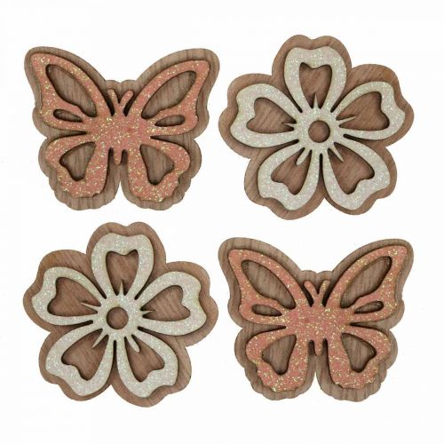 Article Parsemer décoration bois fleurs/papillons blanc/rose Ø4cm 36p