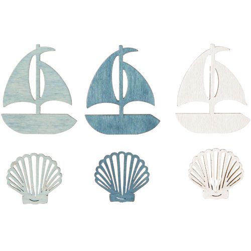 Floristik24 Déco en bois Coquillage, bateau Bleu et blanc, 2,5/4cm, 72p