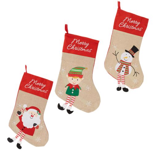 Lot de 3 chaussettes de Noël en tissu avec motifs Rouge et Beige 50 cm
